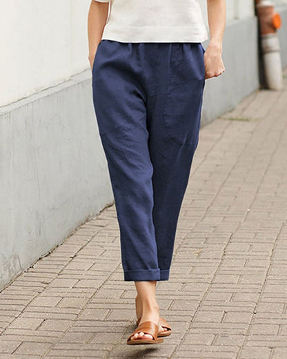 Dames Tapered Broek Relaxed Pasvorm Elastische Taille Ademend Donkerblauw