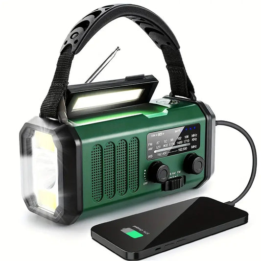 Pro Noodradio 10.000mAh – Zonne- & Handmatig Opladen, Weerradio, Zaklamp, SOS Alarm & Telefoonlader
