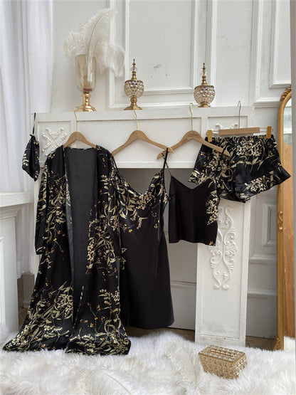 Amélie Luxe Satijnen Pyjama Set (4-delig) voor Dames Zwart