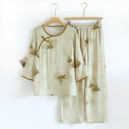 Retro Bloemen Bamboe Vezel Pyjama Set Groen