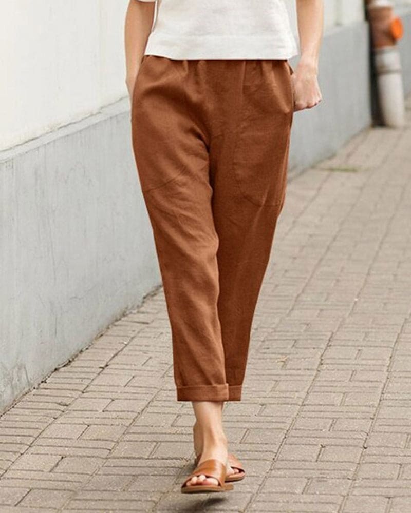 Dames Tapered Broek Relaxed Pasvorm Elastische Taille Ademend Bruin