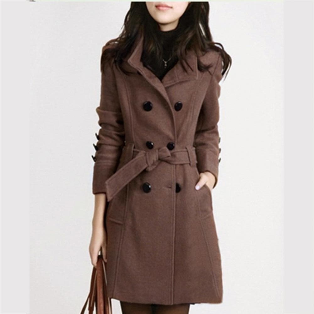 Trenchcoat Dames Wolblend Getailleerd Dubbel Riem Duurzaam Bruin
