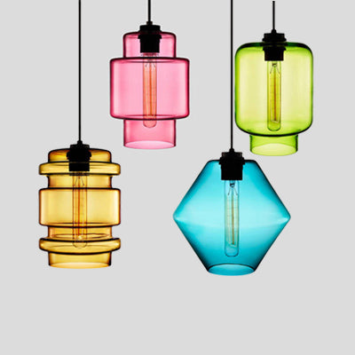 Cilindrische Hanglamp Glas Roze/Geel/Blauw Plafondlamp