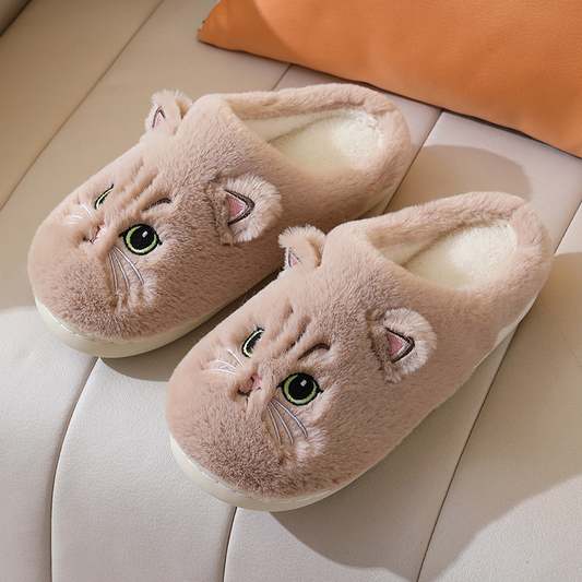 Dames Pantoffels – Knusse Sloffen met Kattenontwerp voor Warme Voeten Khaki