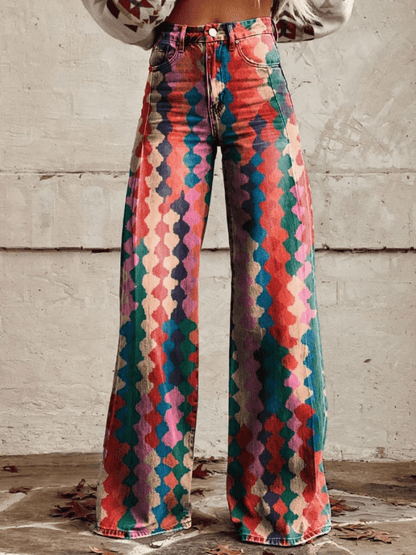 Dames Broek Retro Chic Wijde Broek Geometrisch Patroon Rood