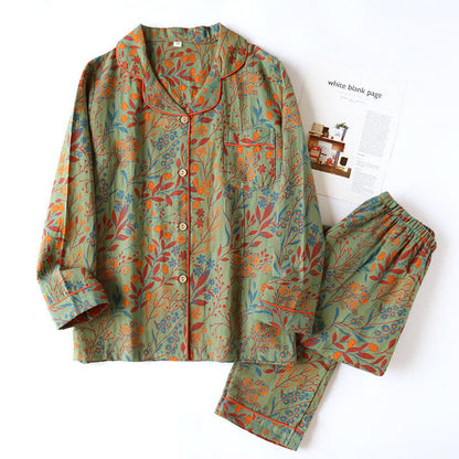 Vintage Leaf Katoenen Loungewear Set Groen & Oranje