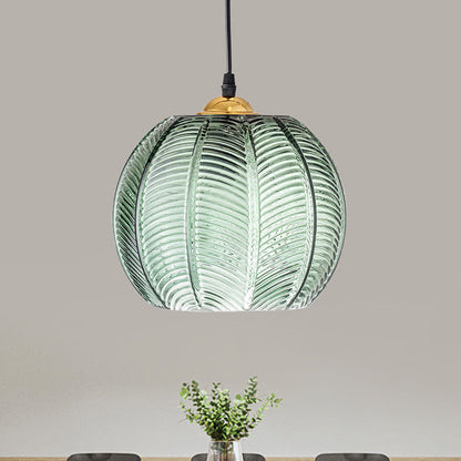 Pompoen Dinette Hanglamp Groene Geribbelde Glas 1 Kop Retro