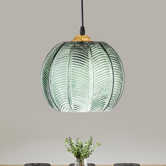 Pompoen Dinette Hanglamp Groene Geribbelde Glas 1 Kop Retro