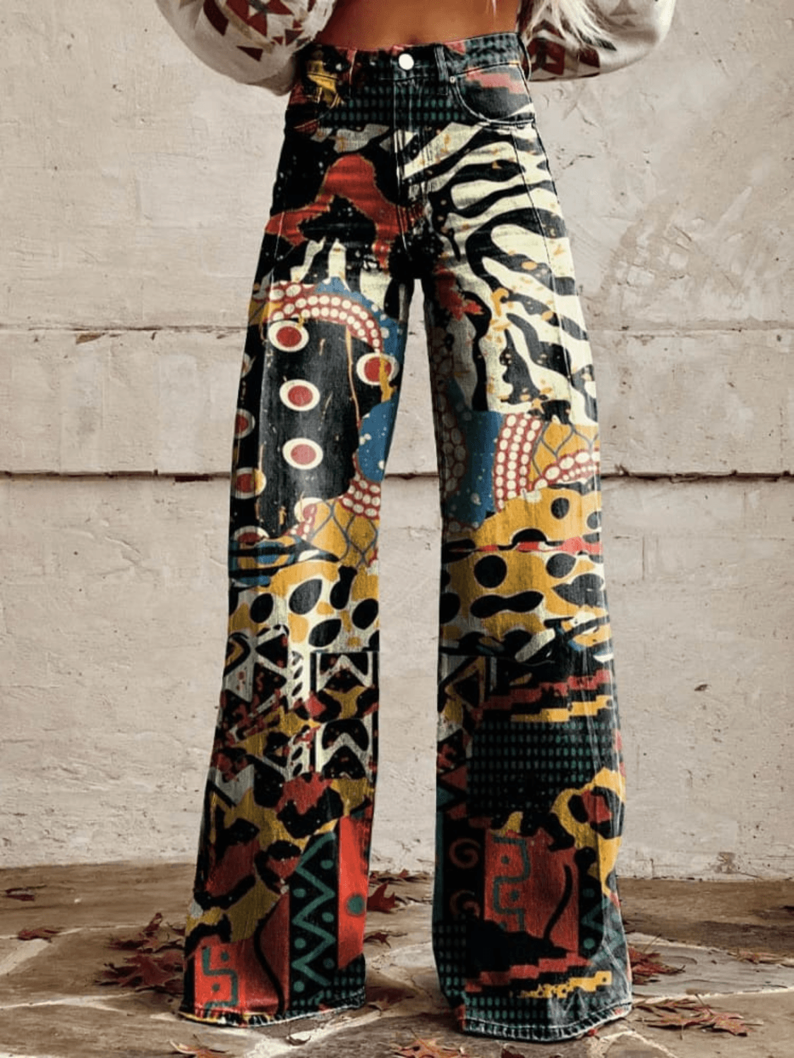 Wide-Leg Broek Hoge Taille Denimlook Abstracte Print Zwart