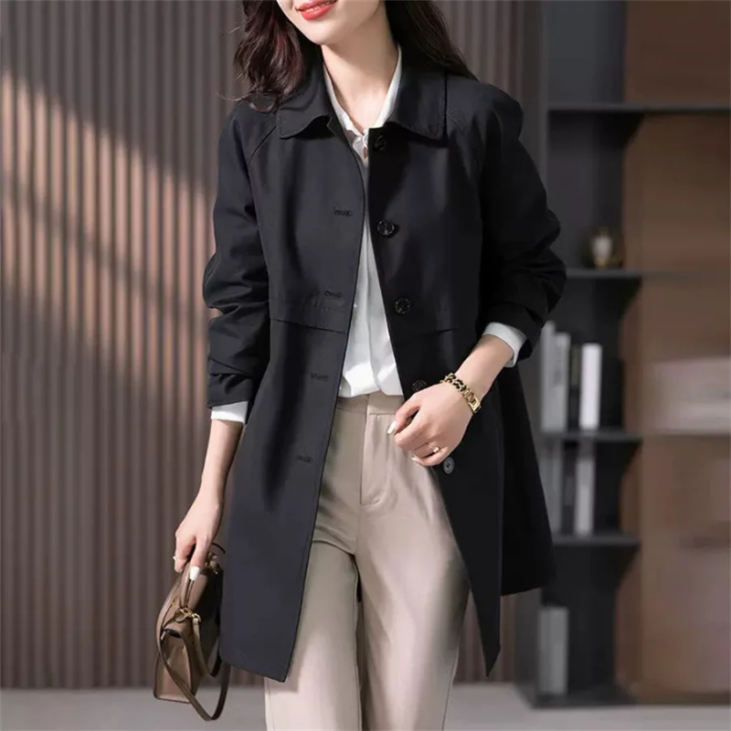 Dames Trenchcoat - Tailored Fit - Mid-Thigh Length Zwart