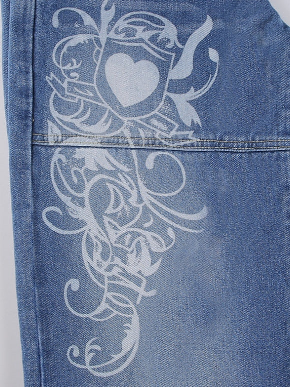 Dames Spijkerbroek Katoen met Hartpatroon - Gewassen Vintage Look