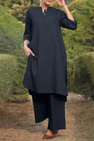 Casual Effen Zak O-Hals Lange Mouw Tweedelig Pak Diepblauw