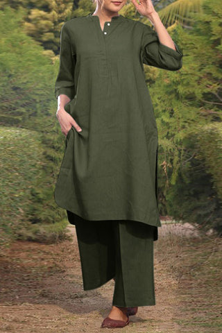 Casual Effen Zak O-Hals Lange Mouw Tweedelig Pak Legergroen