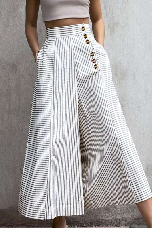 Dames Wijde Broek Hoge Taille Gestreept Met Zakken Elegant Wit