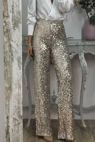 Casual Effen Pailletten Rechte Hoge Taille Speaker Effen Kleur Onderstukken Goud