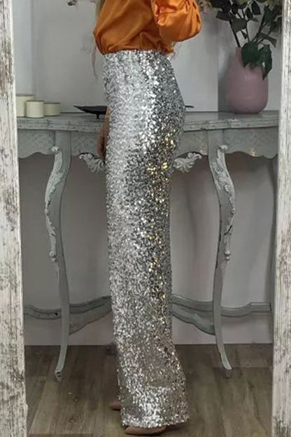 Casual Effen Pailletten Rechte Hoge Taille Speaker Effen Kleur Onderstukken