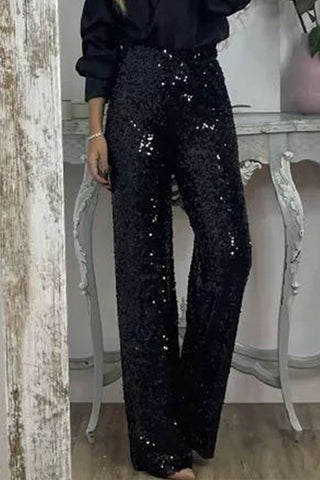 Casual Effen Pailletten Rechte Hoge Taille Speaker Effen Kleur Onderstukken Zwart
