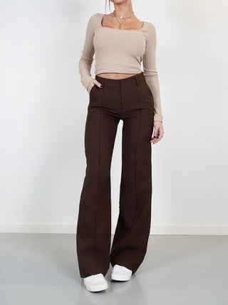 Broek Hoge Taille Dames Wijde Pijp Getailleerd Lang Bruin
