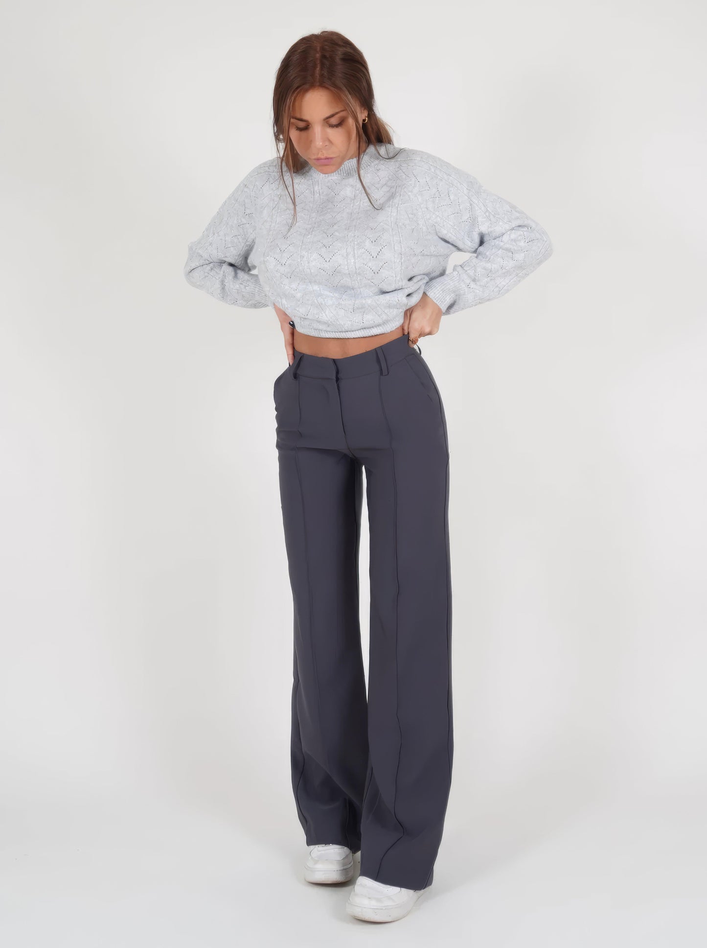 Broek Hoge Taille Dames Wijde Pijp Getailleerd Lang Grijs