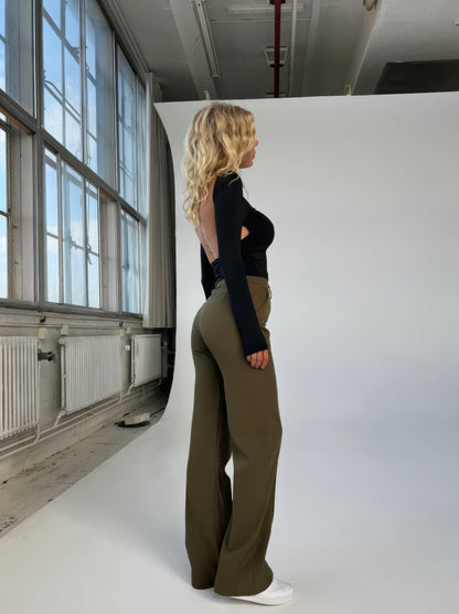 Broek Hoge Taille Dames Wijde Pijp Getailleerd Lang Legergroen