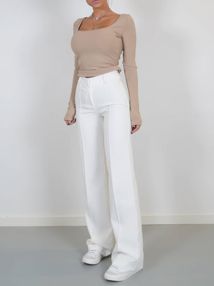 Broek Hoge Taille Dames Wijde Pijp Getailleerd Lang Wit