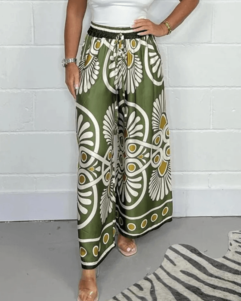 Dames Palazzobroek Pantalon Wijde Pijp Hoge Taille Elastisch Koord Legergroen