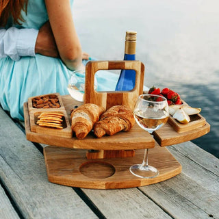 WineNest Draagbare Houten Wijn Tafel – Opvouwbare Picknicktafel met Glashouders | Ideaal voor Buiten, Strand of Tuin