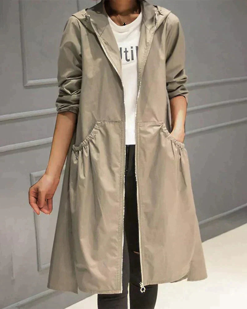 Dames Lange Damesregenjas Met Capuchon Knielange Snit Beige