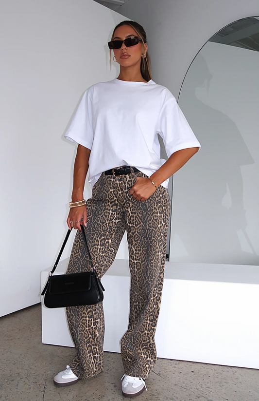 Lola Low Rise Wijde Pijp Luipaard Jeans