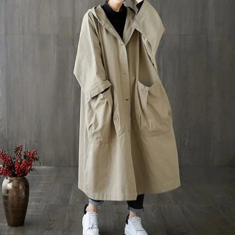Trenchcoat Oversized Fit Long Length Hooded Large Pockets Khaki Eén maat