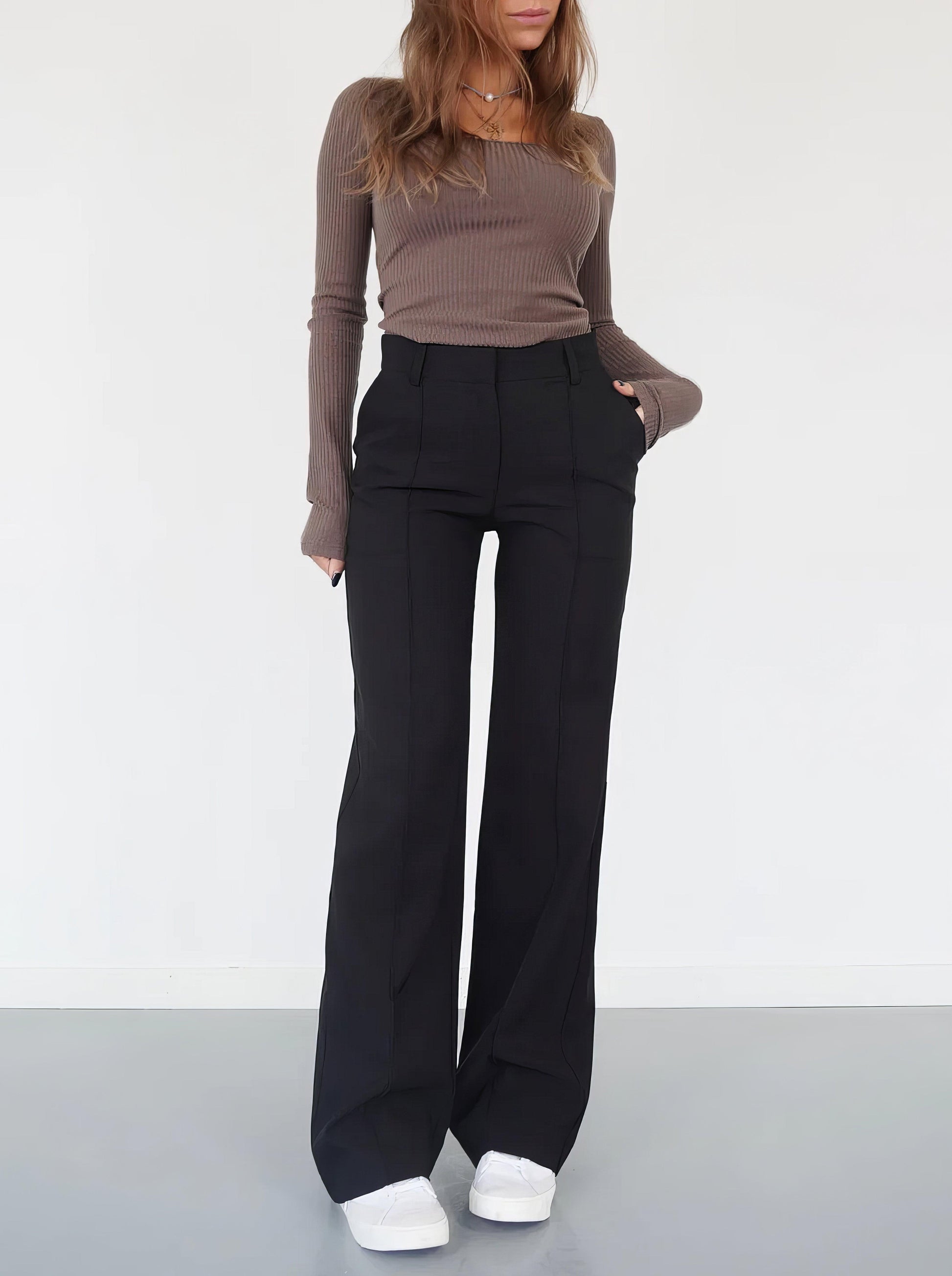 Broek Hoge Taille Dames Wijde Pijp Getailleerd Lang Zwart