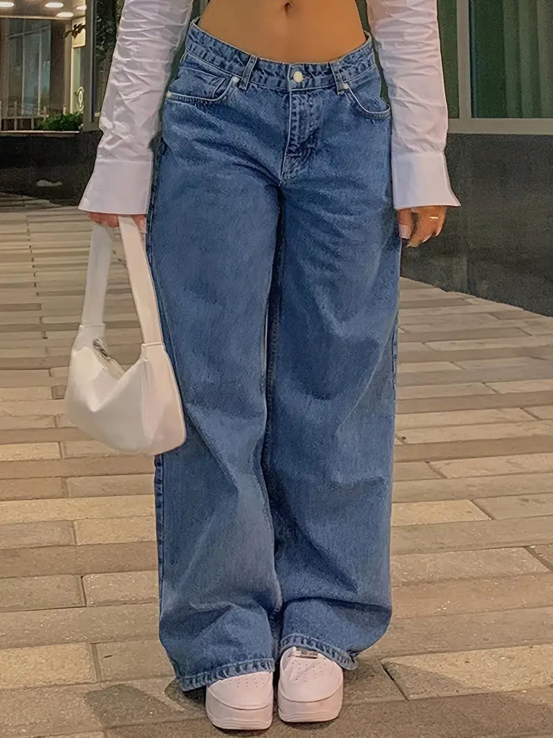 Heren Spijkerbroek Losse Fit Katoen Donkerblauw