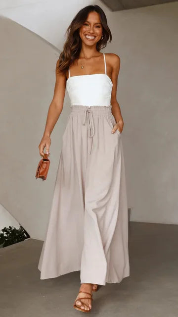 Palazzo Broek Hoge Taille Wijde Pijpen Elastisch Trekkoord Beige