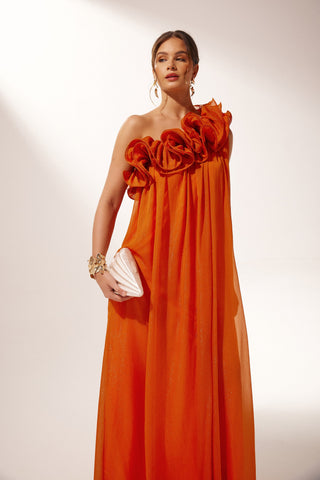 Veloura | One-shoulder Bloemen Maxi Jurk Oranje
