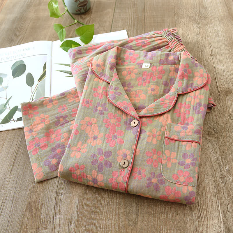 Katoenen Gaas Lange Mouwen Pyjama Set Groen