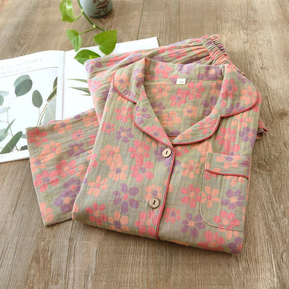 Katoenen Gaas Lange Mouwen Pyjama Set Groen