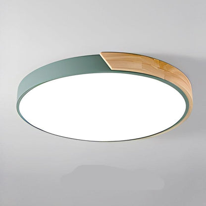 Scandinavische LED Plafondlamp in Cirkelvorm – Houten Plafonniere voor Slaapkamer en Studie, DIA 23 cm en 30 cm Groen Met Hout