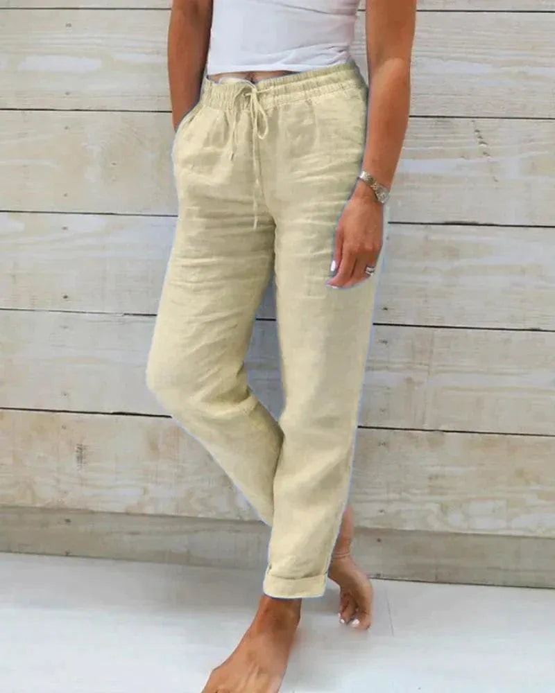 Damesbroek Katoen Losse Pasvorm Elastische Taille Trekkoord Beige