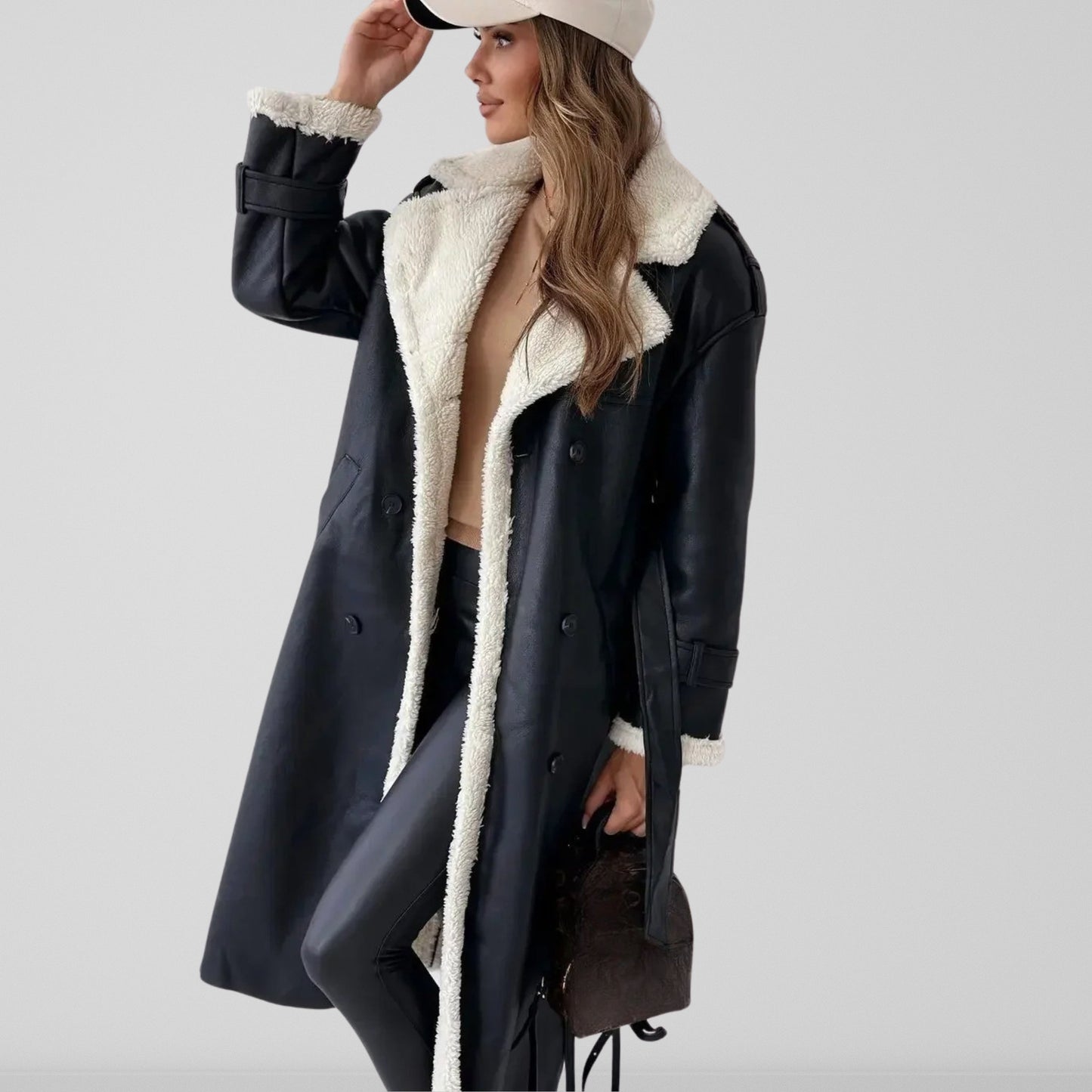 Damesmantel Volle Lengte Oversized Shearling Dubbele Knopen Zwart