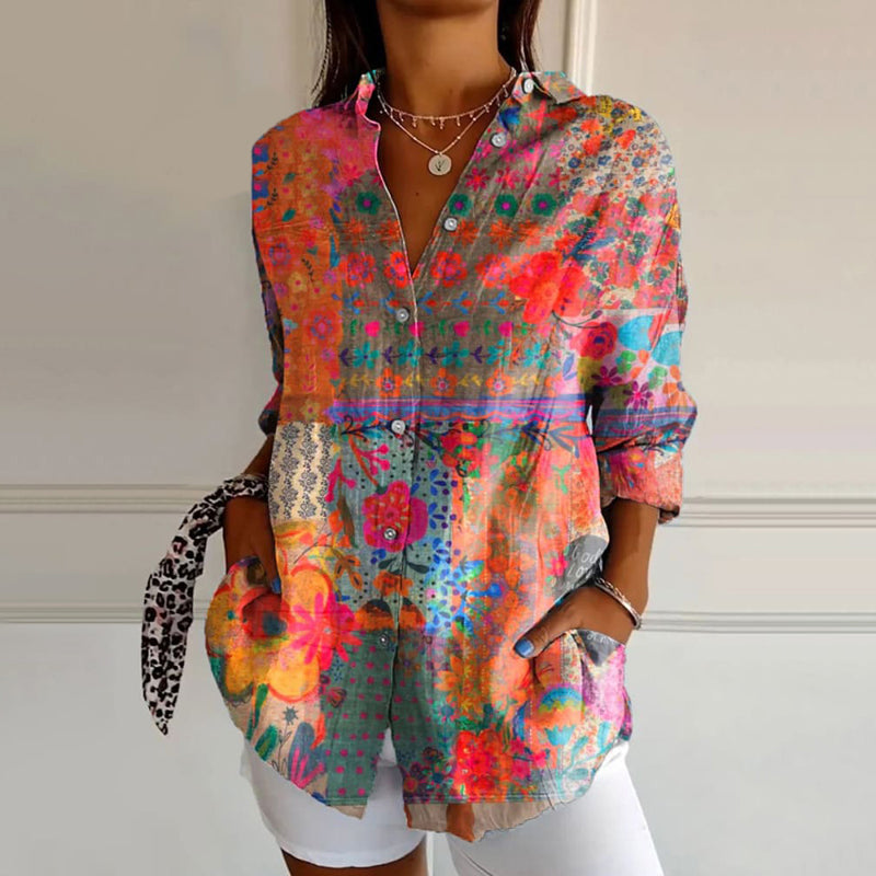 Damesblouse Bloemenprint Lichtblauw Met Knopsluiting