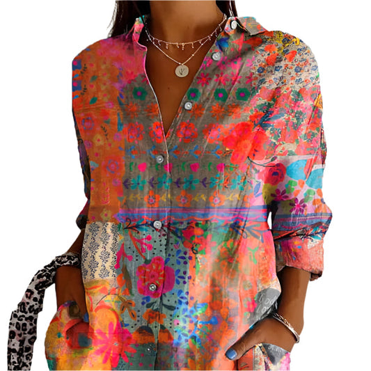 Damesblouse Bloemenprint Lichtblauw Met Knopsluiting