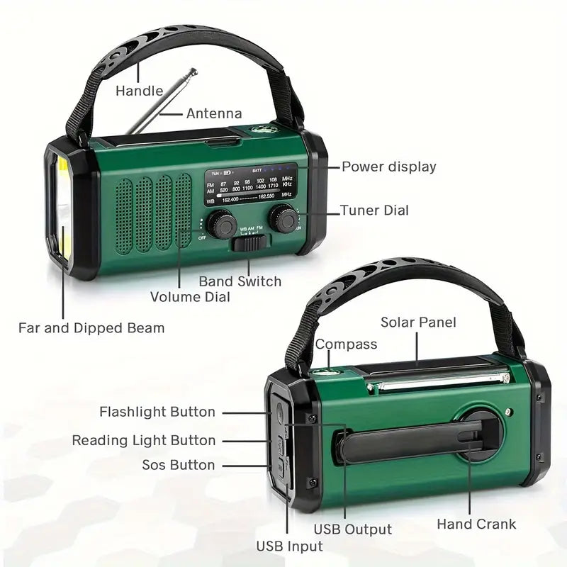Pro Noodradio 10.000mAh – Zonne- & Handmatig Opladen, Weerradio, Zaklamp, SOS Alarm & Telefoonlader