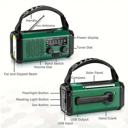 Pro Noodradio 10.000mAh – Zonne- & Handmatig Opladen, Weerradio, Zaklamp, SOS Alarm & Telefoonlader