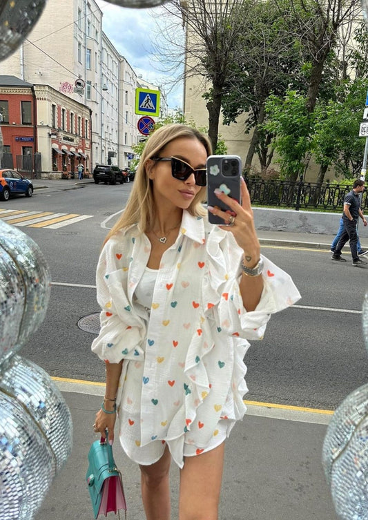 Francesca Set Hartprint Katoenen Overhemd en Shorts Set Harten