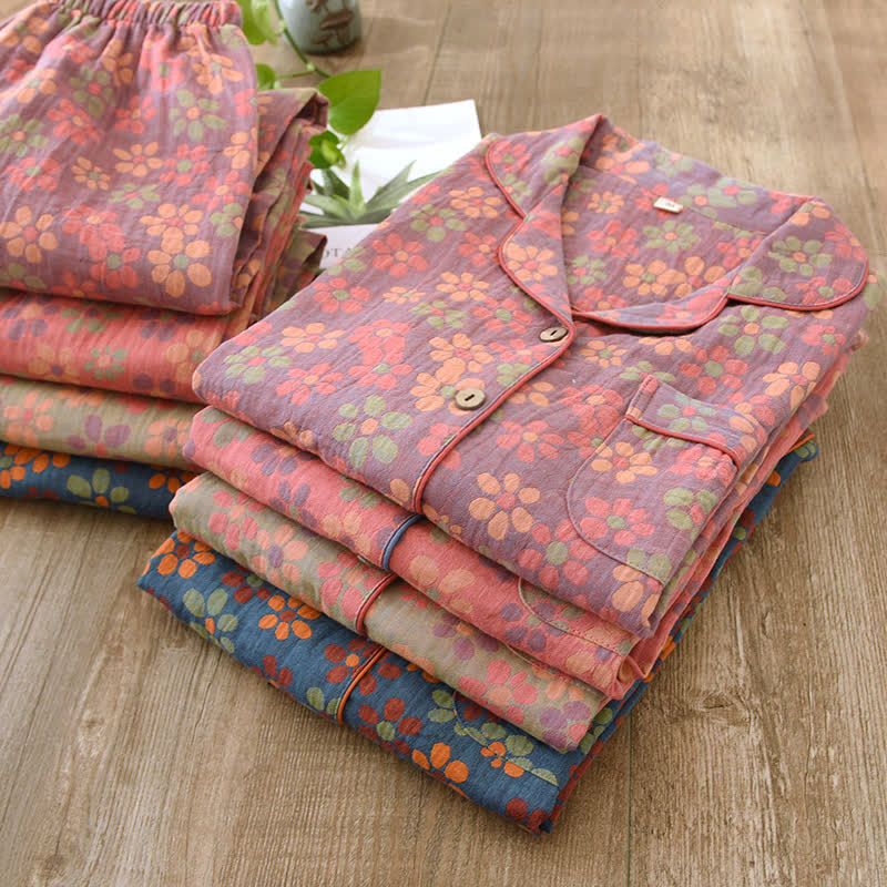 Katoenen Gaas Lange Mouwen Pyjama Set