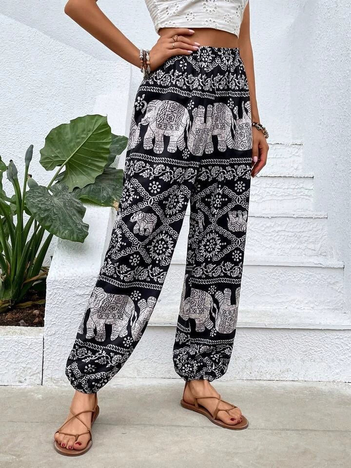 Harembroek Dames Boheemse Olifantenprint Losse Taille Boord Bohemen 4