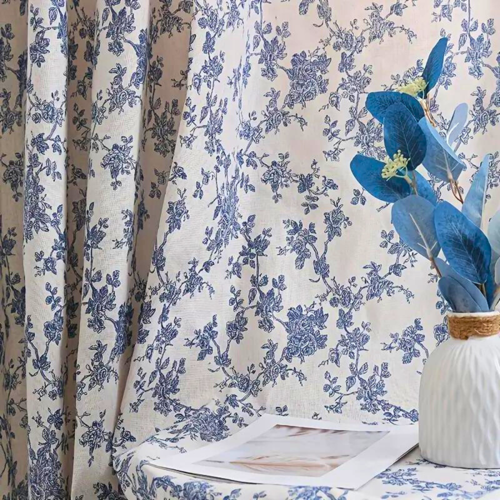 Semi-doorlatend Gordijn met Blauw Rozenpatroon van 100% Polyester voor Raamdecoratie in Woonkamer en Slaapkamer