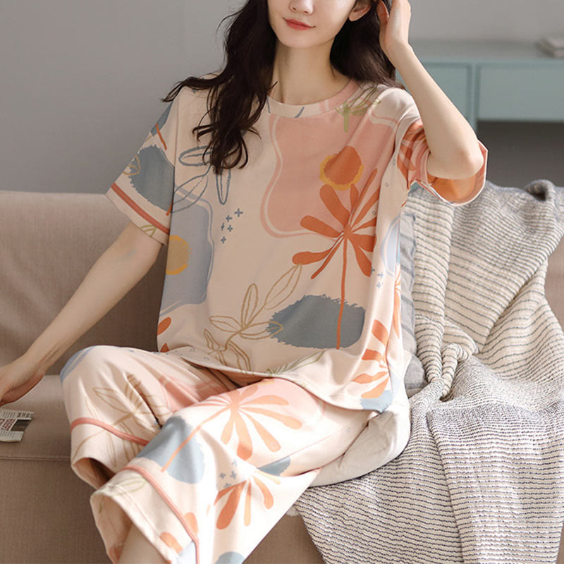Bloembladprint Katoenen Loungewear Set Beige