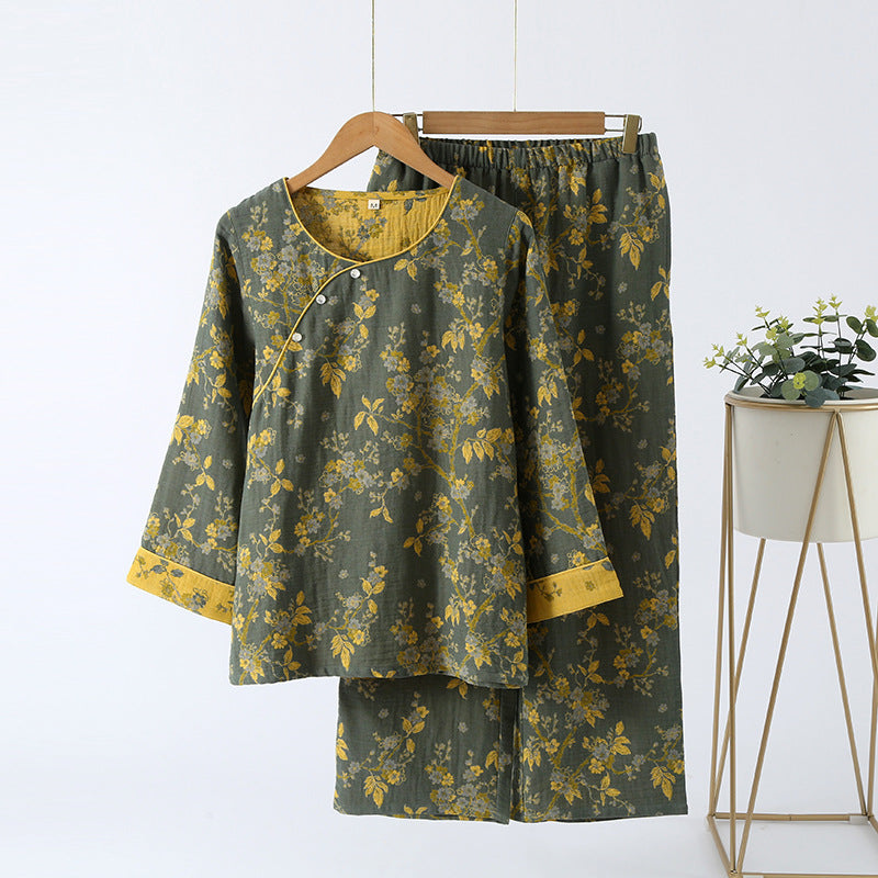 Jacquard Vintage Katoenen Loungewear Set Grijs Groen & Geel