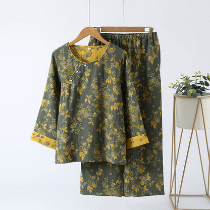 Jacquard Vintage Katoenen Loungewear Set Grijs Groen & Geel